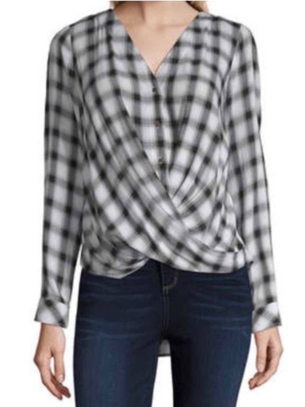 a.n.a Black & White Plaid Front Twist Long Sleeve Top Size Large